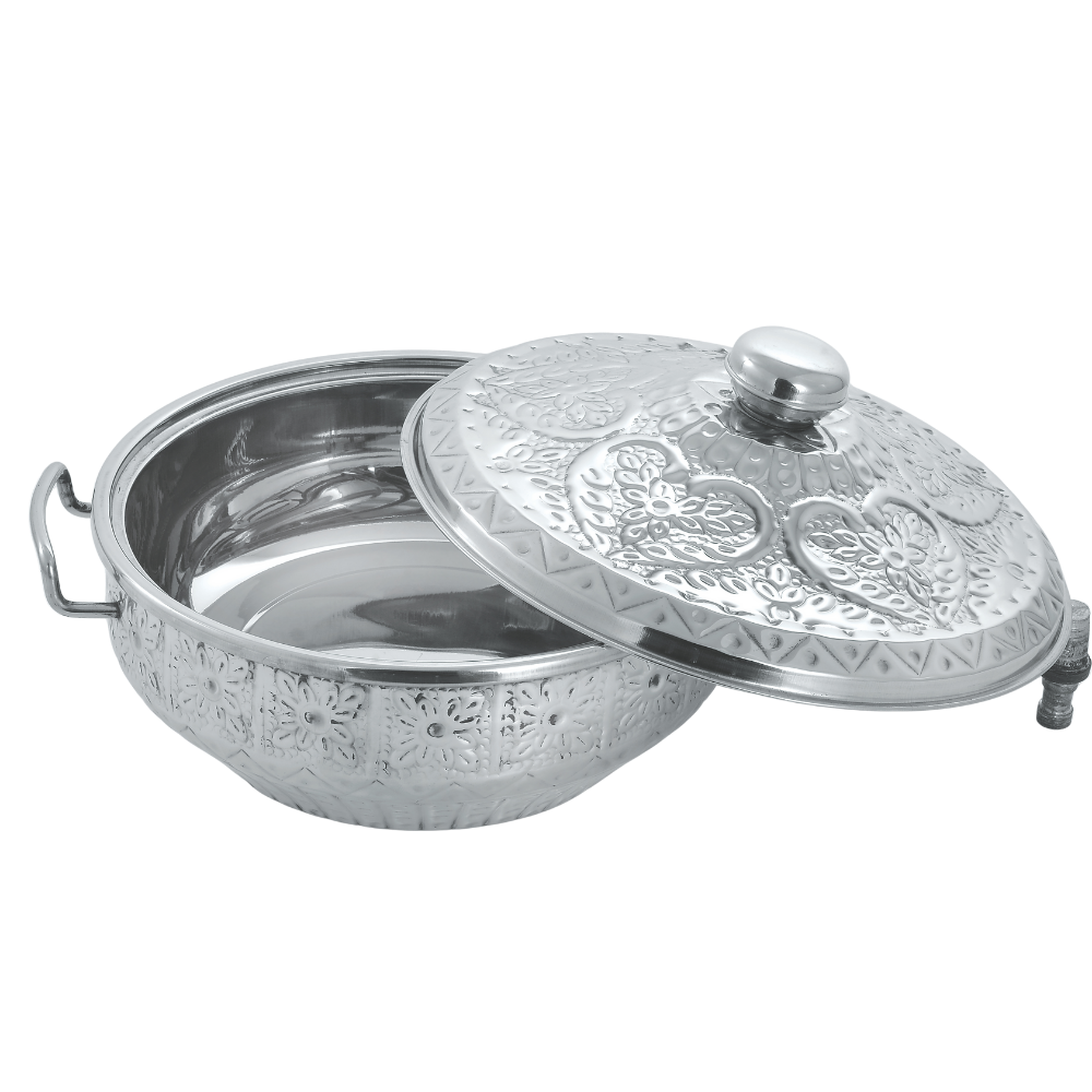 Royal Stainless Steel Hotpot Shahi(Embossed Floral Design) | Hot and Cool Body | Steel Body | 3pc Set