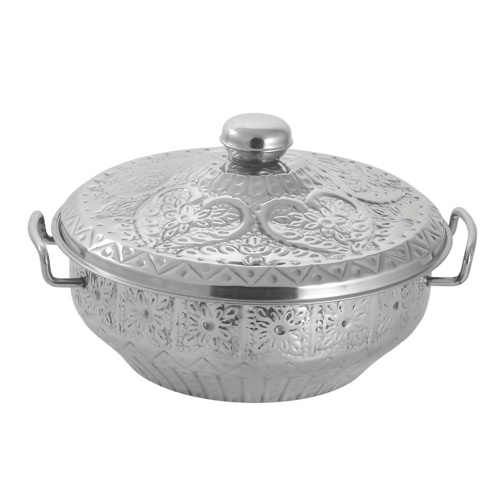 Royal Stainless Steel Hotpot Shahi(Embossed Floral Design) | Hot and Cool Body | Steel Body | 3pc Set