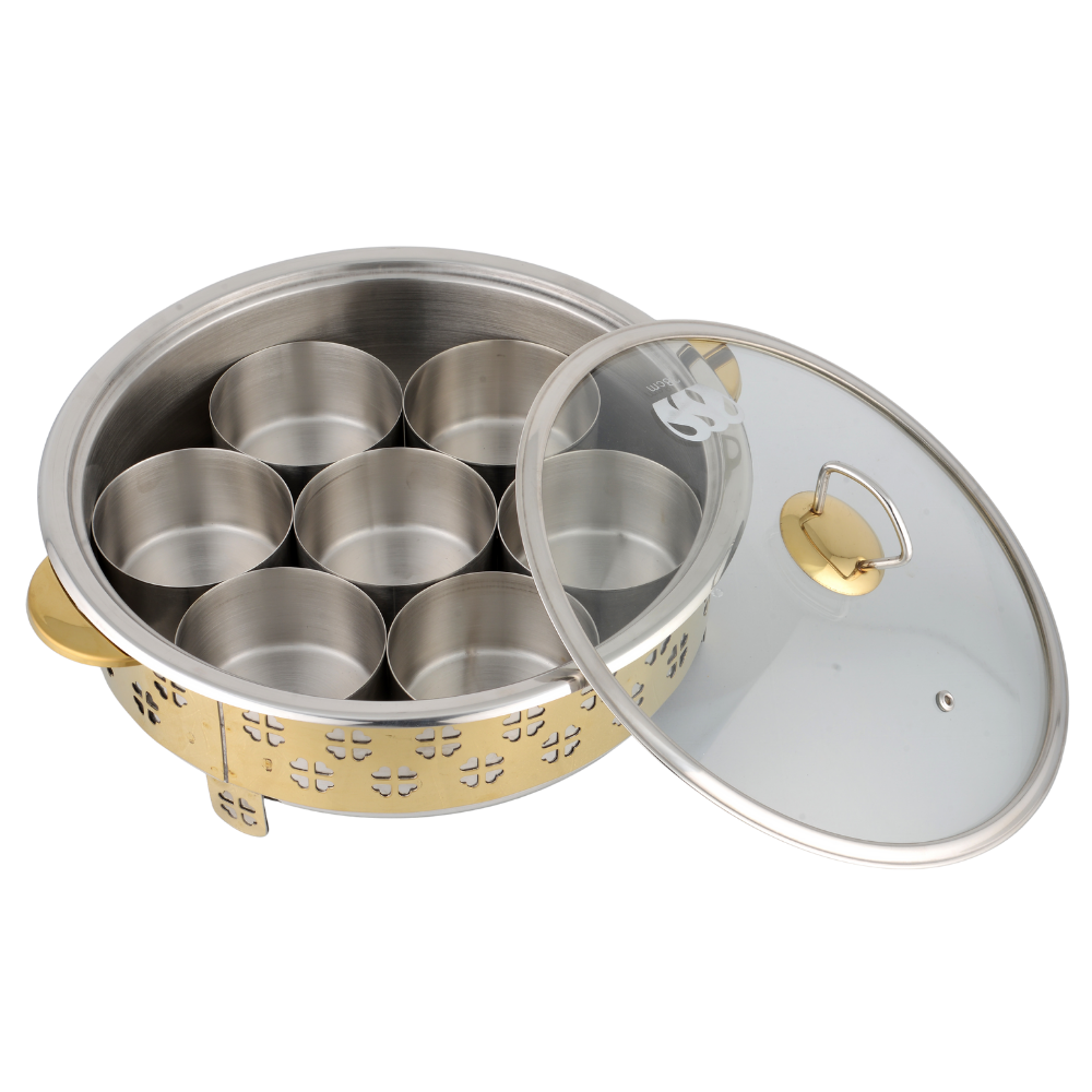 Duro Dry Fruit Tray Flora | Glass Lid | 28cm | Golden Sheet