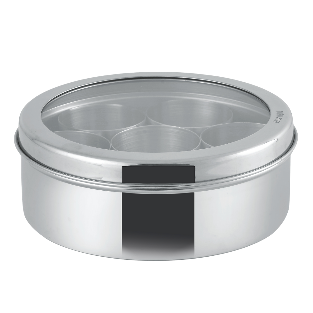 Stainless Steel Spice Box Eastern | Glass Lid | 7 Bowls with Spoons