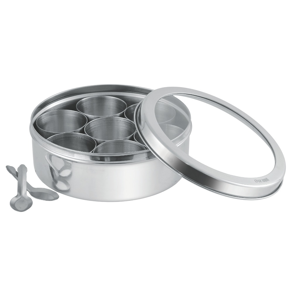 Stainless Steel Spice Box Eastern | Glass Lid | 7 Bowls with Spoons