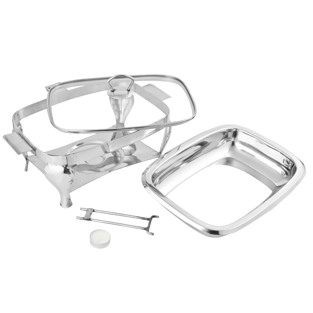 Al-Ansar Square Stainless Steel Serving Dish (Dish Donga) with Lid & Warmer Stand – Buffet Food Server for Home, Dawat & Catering