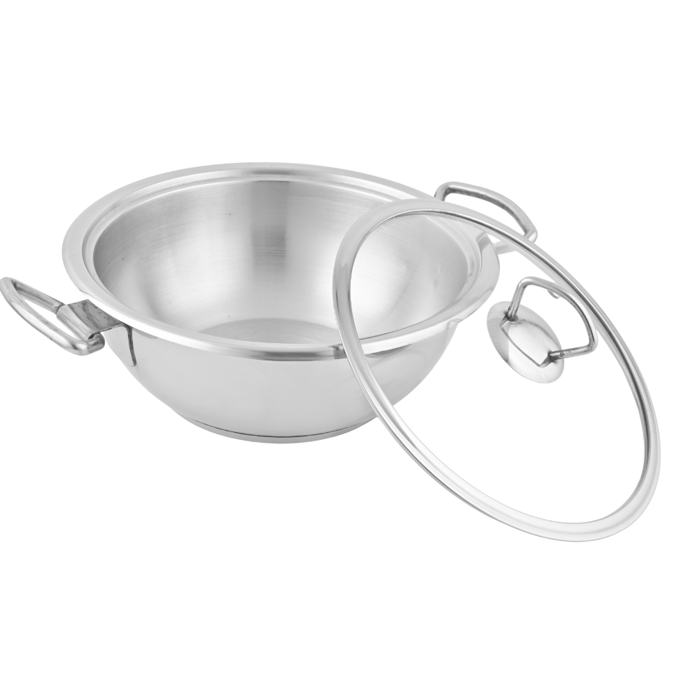 Alpha Stainless Steel Wok (Karahi) | Glass Lid/Steel Lid | Encapsulated Bottom