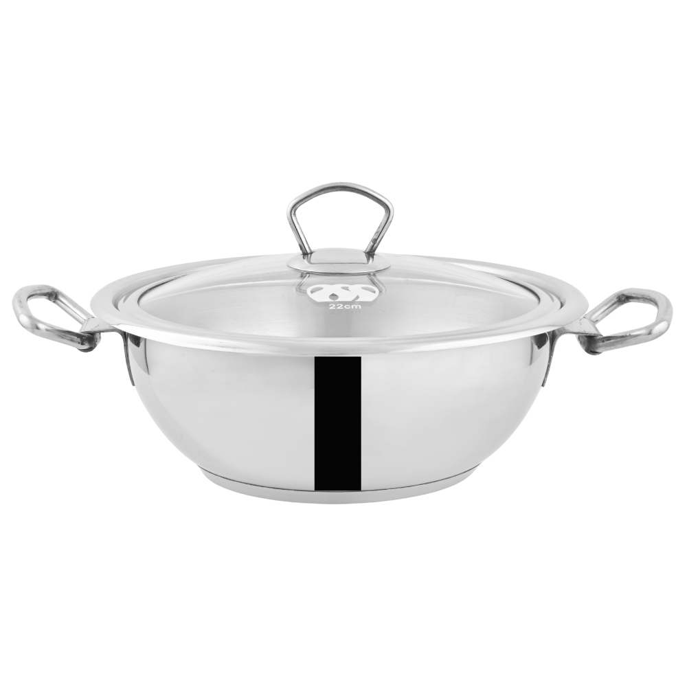 Alpha Stainless Steel Wok (Karahi) | Glass Lid/Steel Lid | Encapsulated Bottom