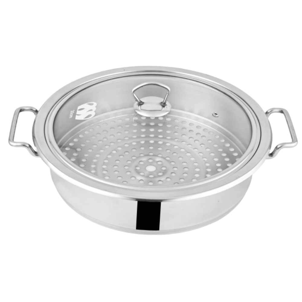 Alpha Stainless Steel Steamer Pan and Jali | Pan with Glass Lid/Steel Lid