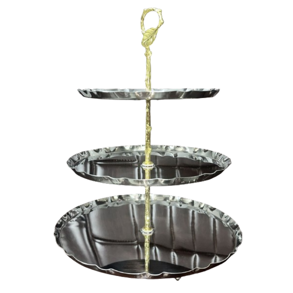 "Duro Stainless Steel Cake Stand | Elegant Design | 3 and 2 Shelves | Golden Flower"