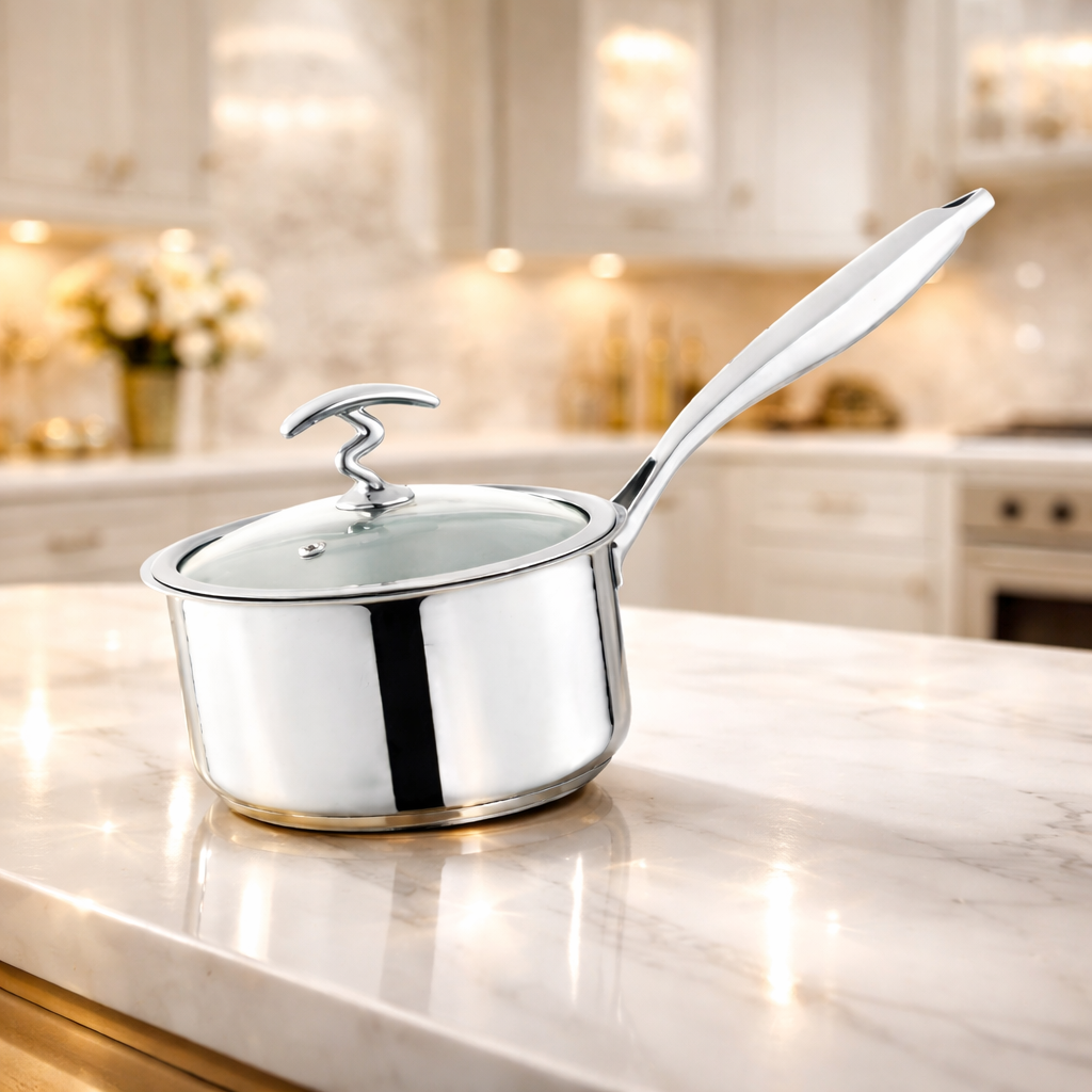 Alpha Crown Stainless Steel Sauce Pan | Encapsulated Bottom | Glass Lid | (304)Food grade