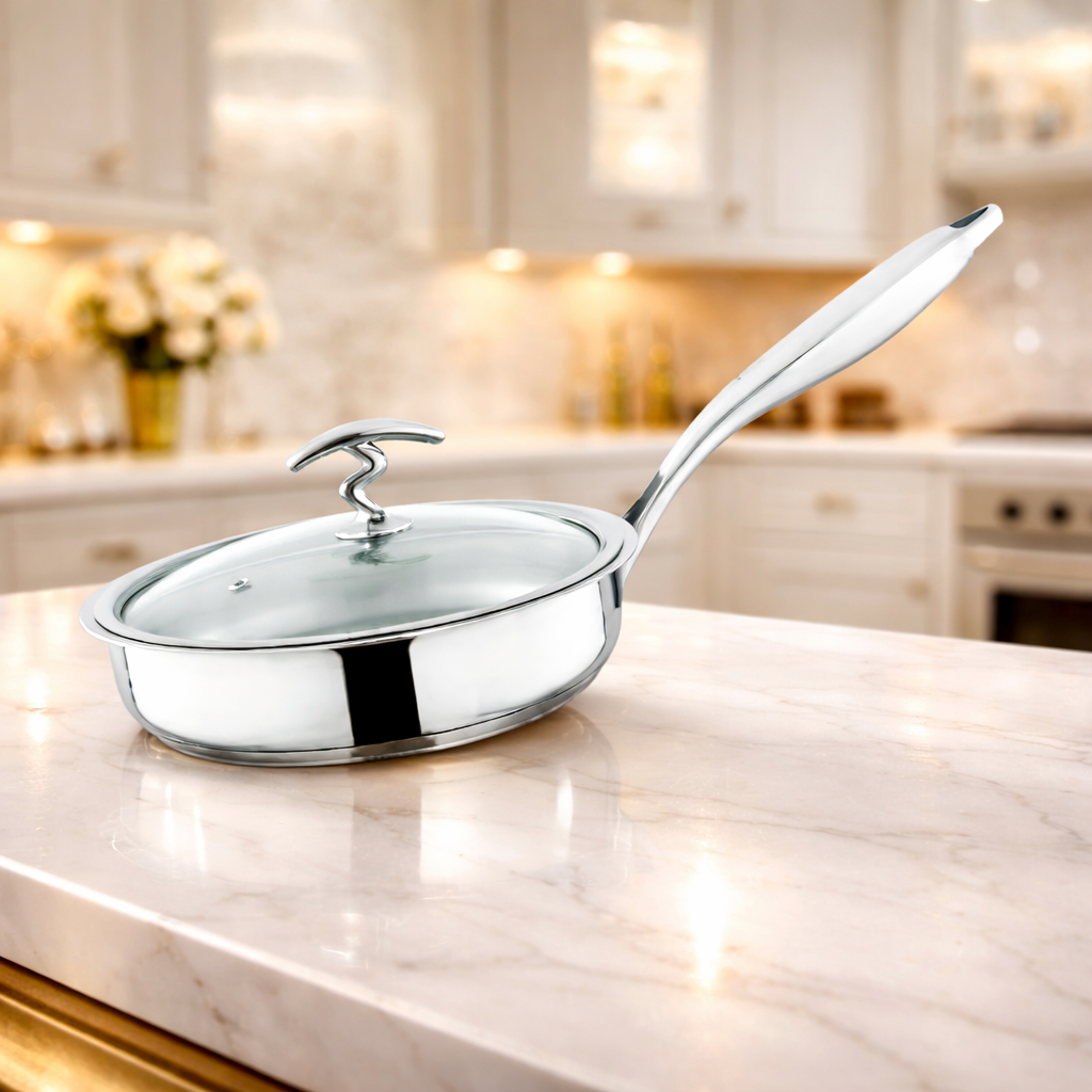 Alpha Crown Stainless Steel Frying Pan | Encapsulated Bottom | Glass Lid | (304)Food grade