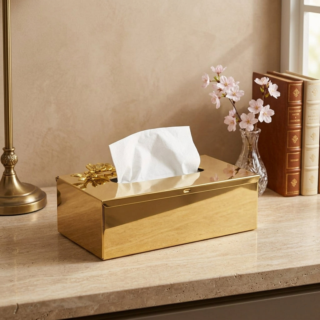 DURO Stainless Steel Golden Tissue Holder with Elegant Flower Design | Luxury Tissue Box Pakistan