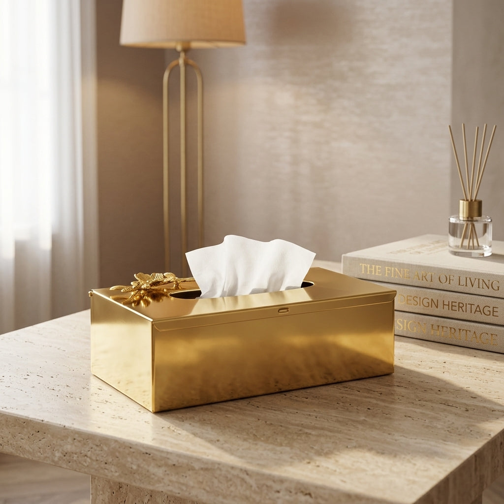 DURO Stainless Steel Golden Tissue Holder with Elegant Flower Design | Luxury Tissue Box Pakistan