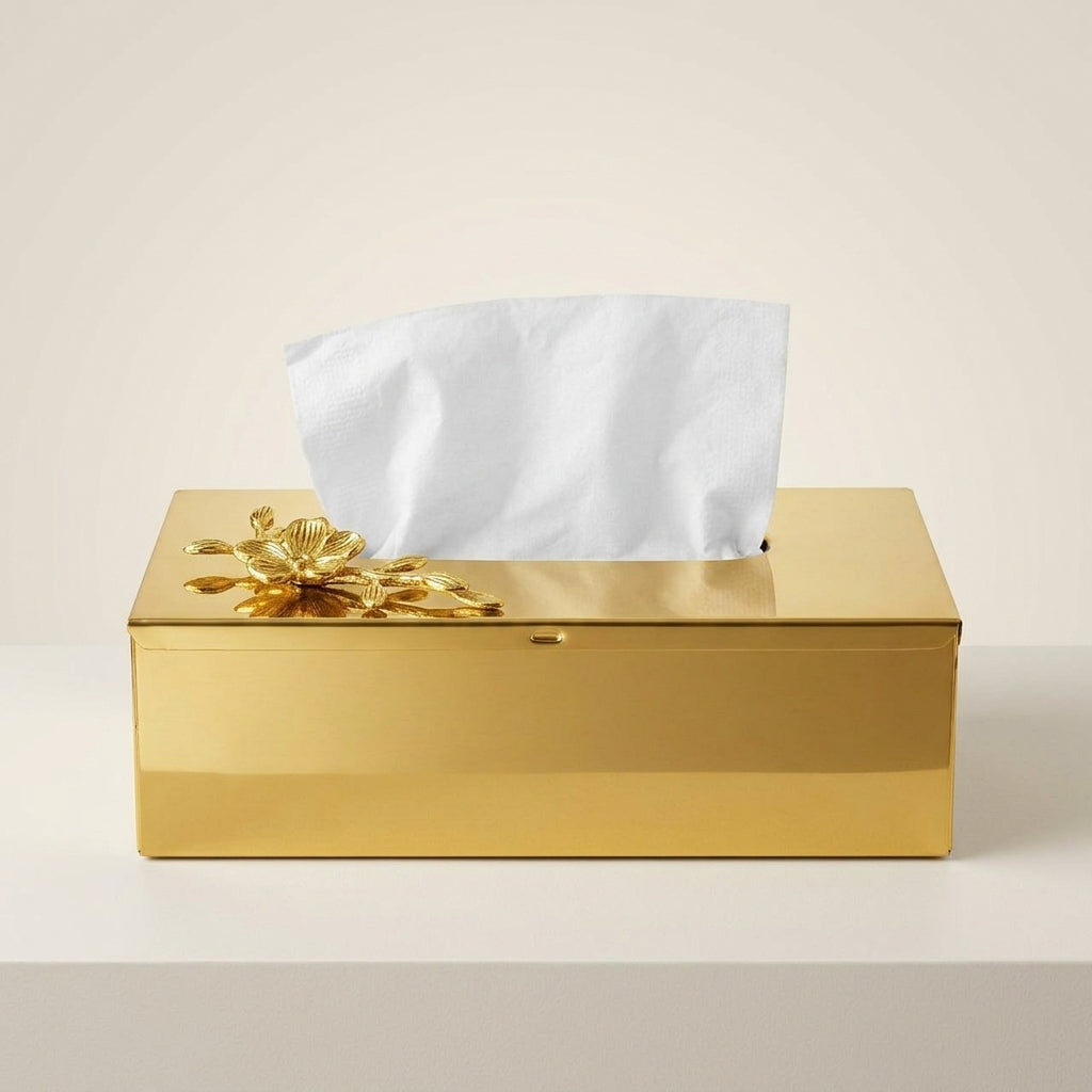 DURO Stainless Steel Golden Tissue Holder with Elegant Flower Design | Luxury Tissue Box Pakistan